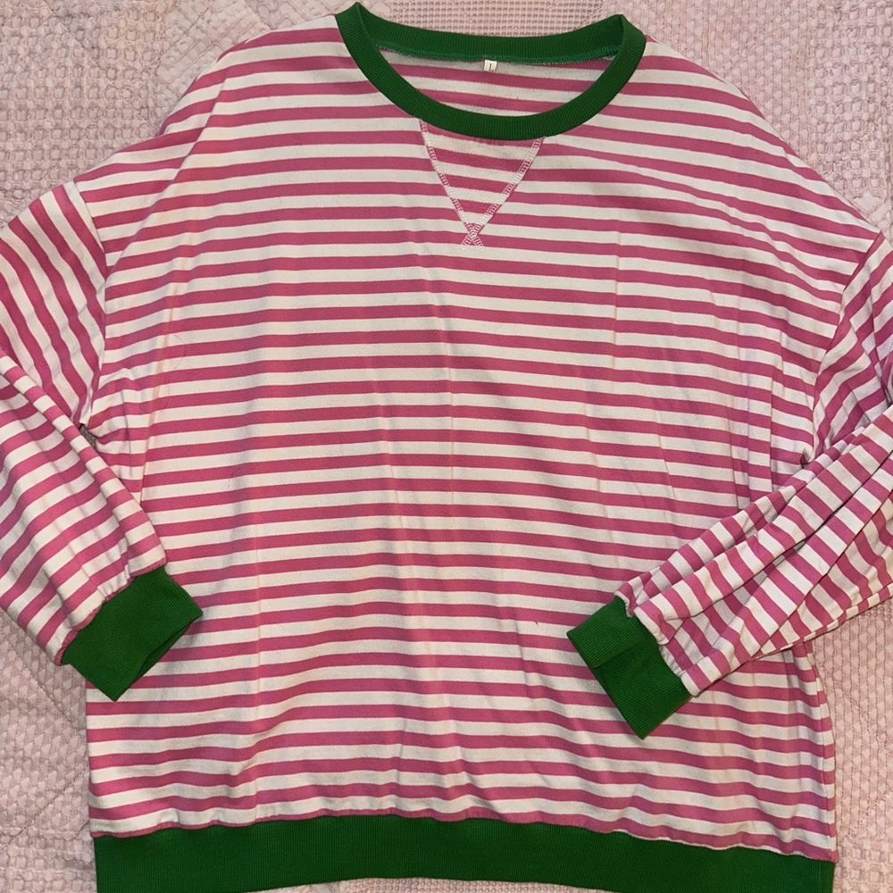 Pink and White Striped Sweatshirt with Green Trim